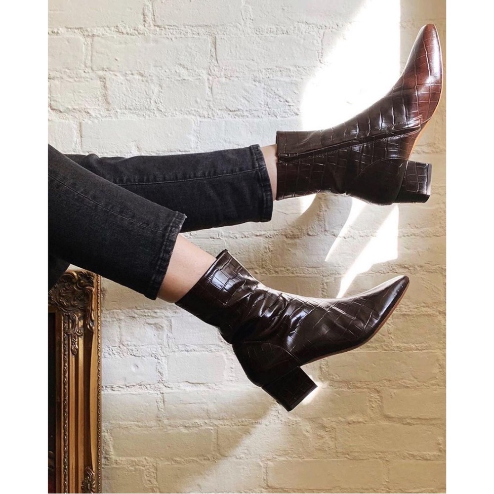 EUC Rouje Lara boots in chocolate croc patent leather, size 38 FR, ~7.5 US